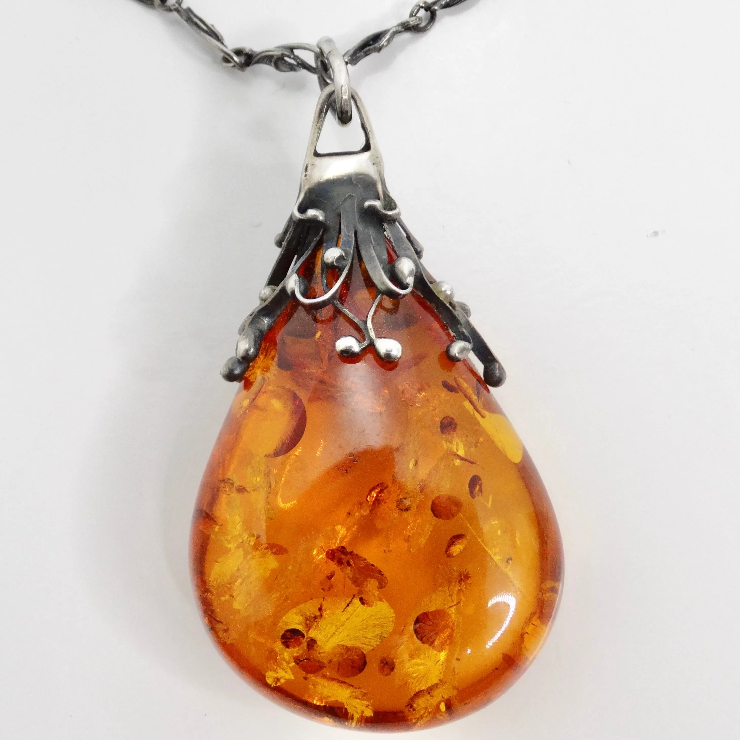 1960s Silver Amber Pendant Necklace