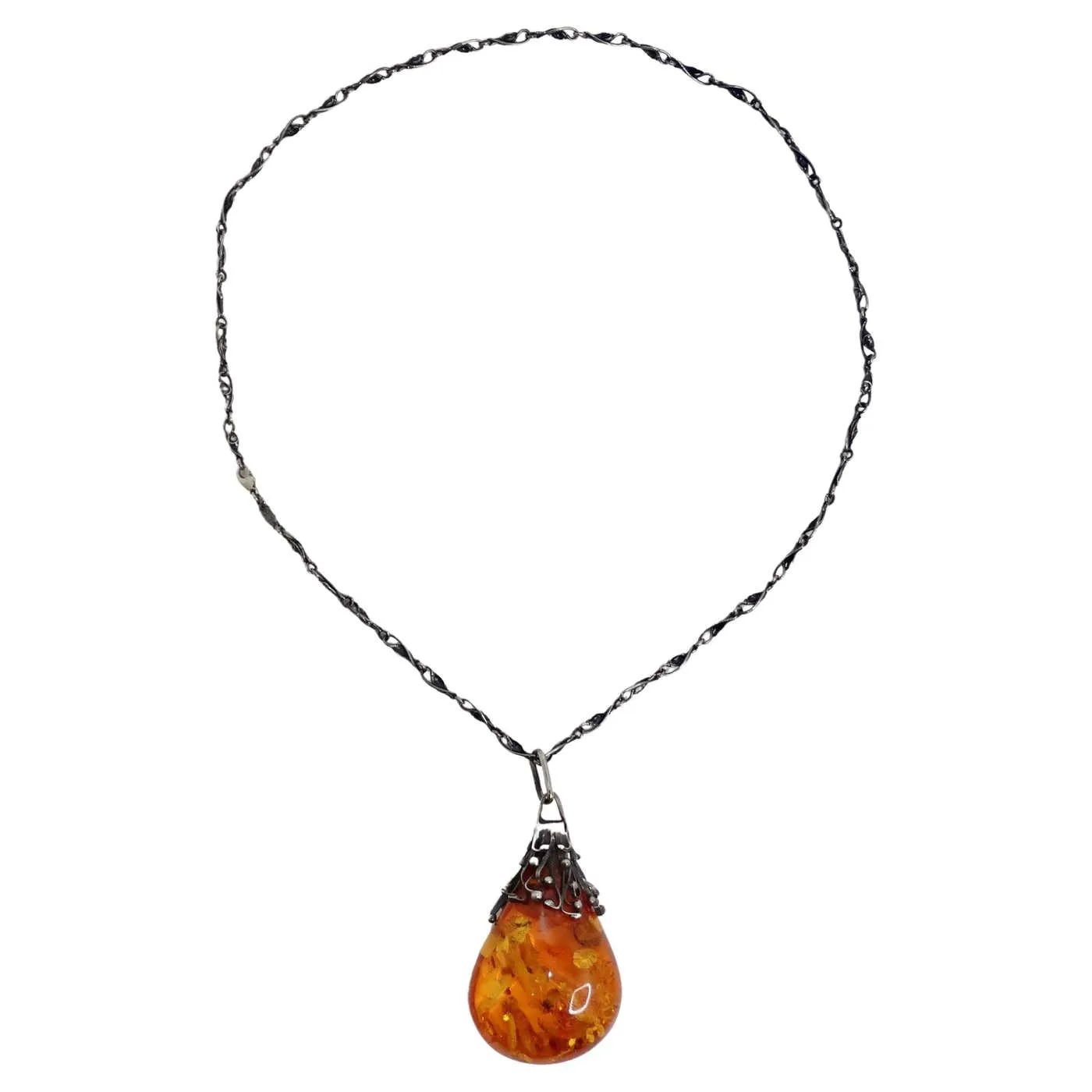 1960s Silver Amber Pendant Necklace