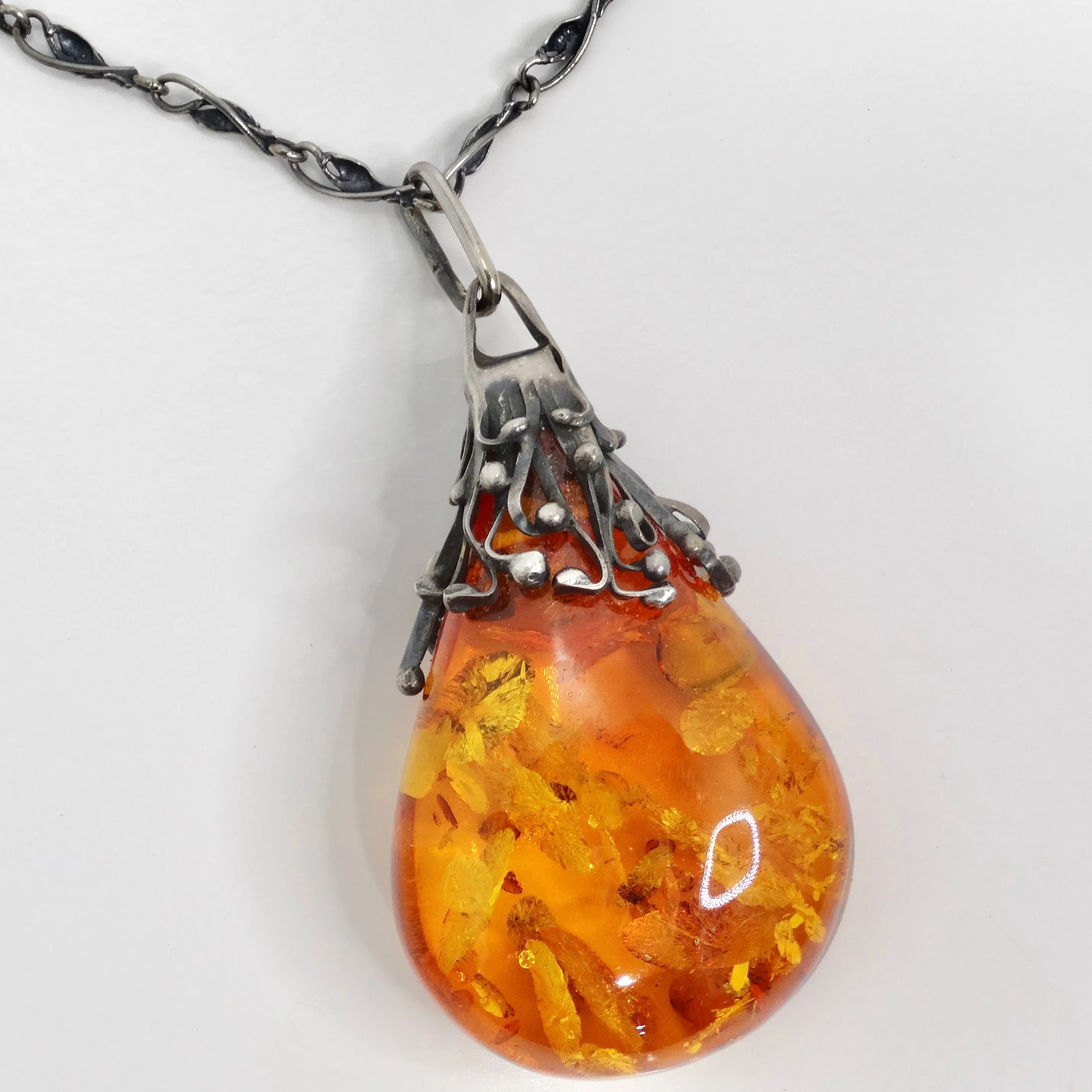 1960s Silver Amber Pendant Necklace