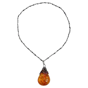 1960s Silver Amber Pendant Necklace