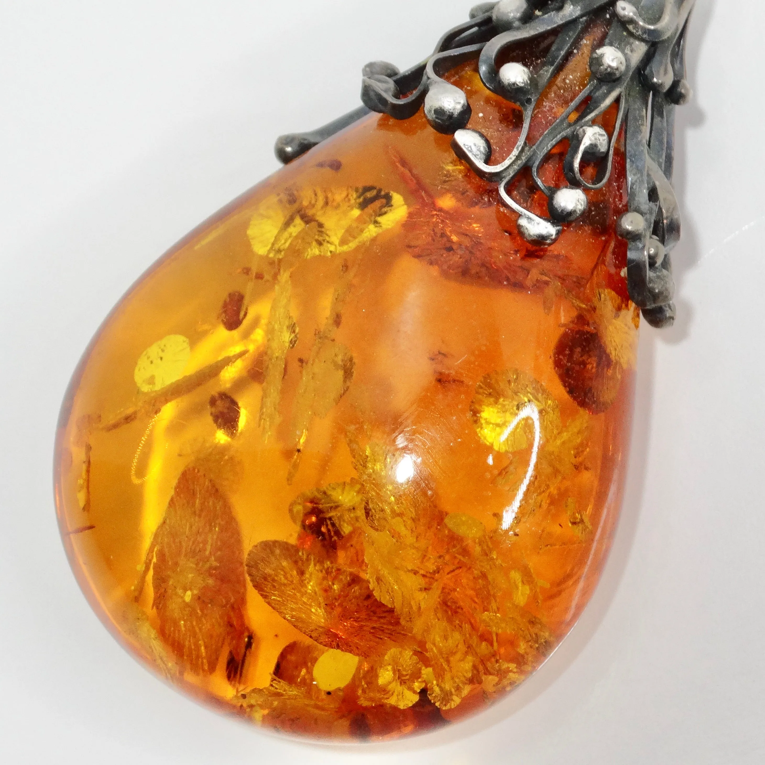 1960s Silver Amber Pendant Necklace