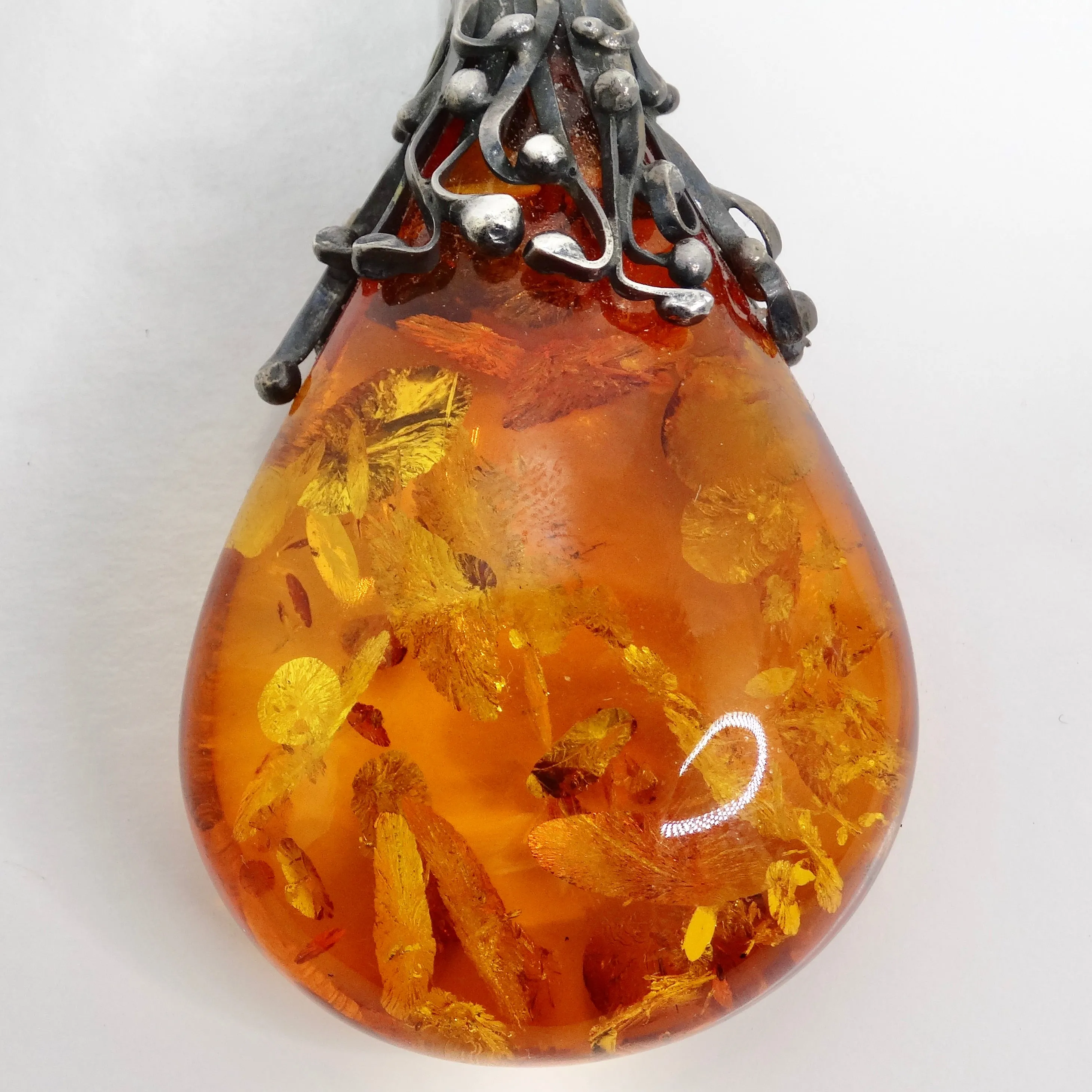 1960s Silver Amber Pendant Necklace