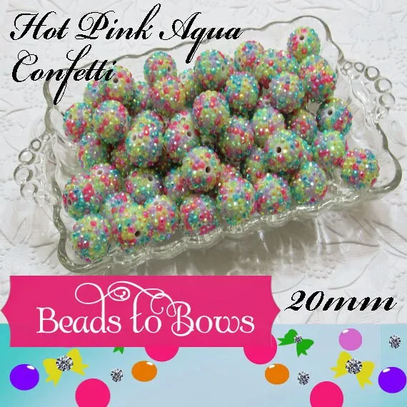 20mm Confetti Rhinestone Beads, Hot Pink Yellow and Aqua Confetti Beads,  Rhinestone Beads, Chunky Rhinestone beads, Bead Supply