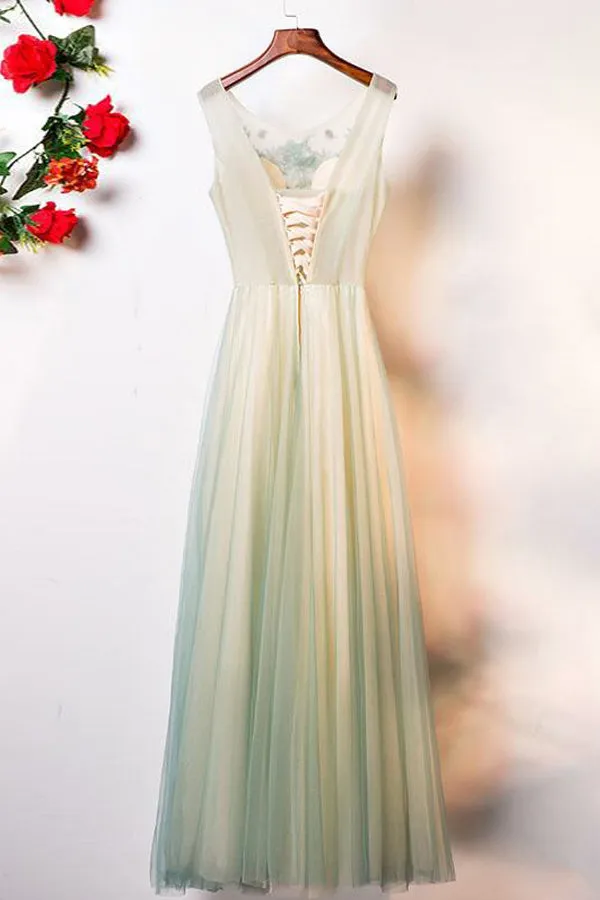 A-Line Crew Floor-Length Sage Tulle Sleeveless Prom Dress with Appliques Q86