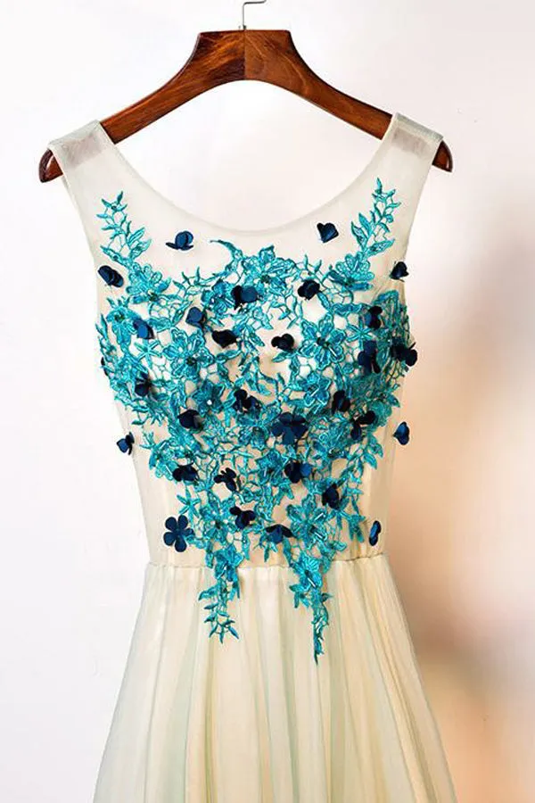 A-Line Crew Floor-Length Sage Tulle Sleeveless Prom Dress with Appliques Q86