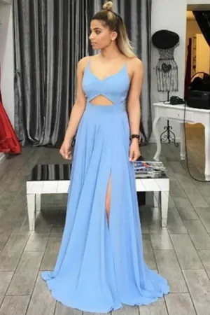 A-Line Deep V-Neck Criss-Cross Straps Split-Side Blue Chiffon Sleeveless Prom Dress Q96