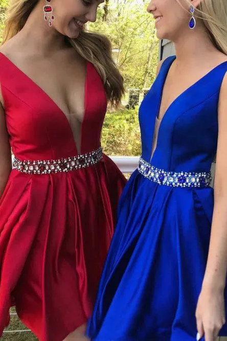 A-line Deep V-neck Satin Burgundy Pleated Homecoming Dress with Beading Sash OHM218