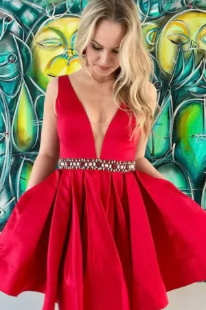 A-line Deep V-neck Satin Burgundy Pleated Homecoming Dress with Beading Sash OHM218