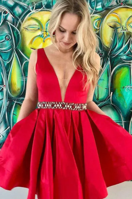 A-line Deep V-neck Satin Burgundy Pleated Homecoming Dress with Beading Sash OHM218
