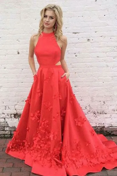 A-Line Jewel Sweep Train Red Satin Open Back Cut Out Appliques Pockets Prom Dress L029
