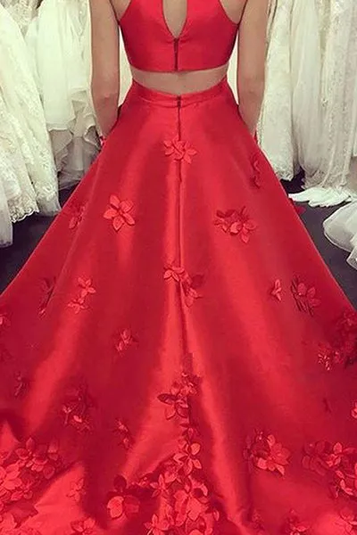 A-Line Jewel Sweep Train Red Satin Open Back Cut Out Appliques Pockets Prom Dress L029