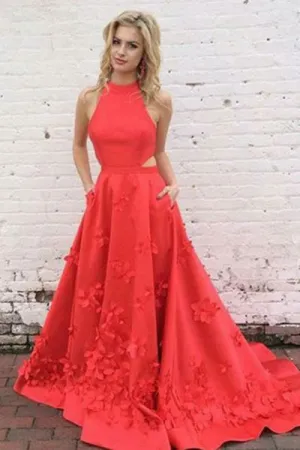 A-Line Jewel Sweep Train Red Satin Open Back Cut Out Appliques Pockets Prom Dress L029
