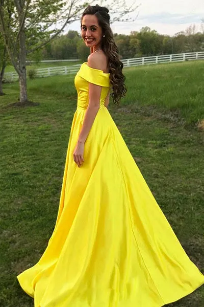 A-Line Off-the-Shoulder Swewep Train Yellow Satin Sleeveless Prom Dress with Pockets Z11
