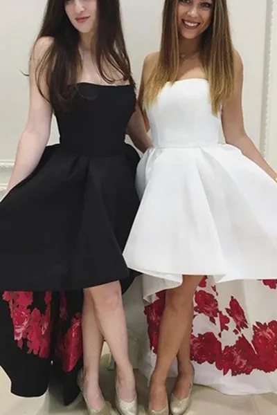 A-Line Strapless Flower Print Hi-Lo Black Satin Prom /Homecoming Dress P34