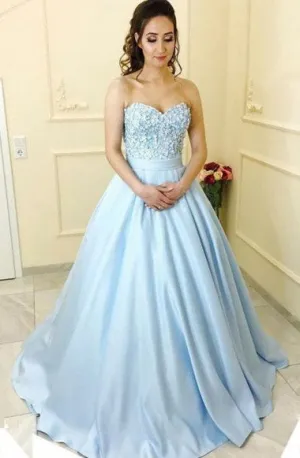 A-Line Sweetheart Court Train Blue Satin Prom Dress with Appliques Pockets Q13