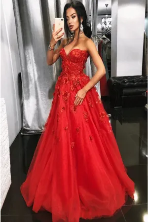 A-Line Sweetheart Sweep Train Red Prom Dress with Appliques Beading D007