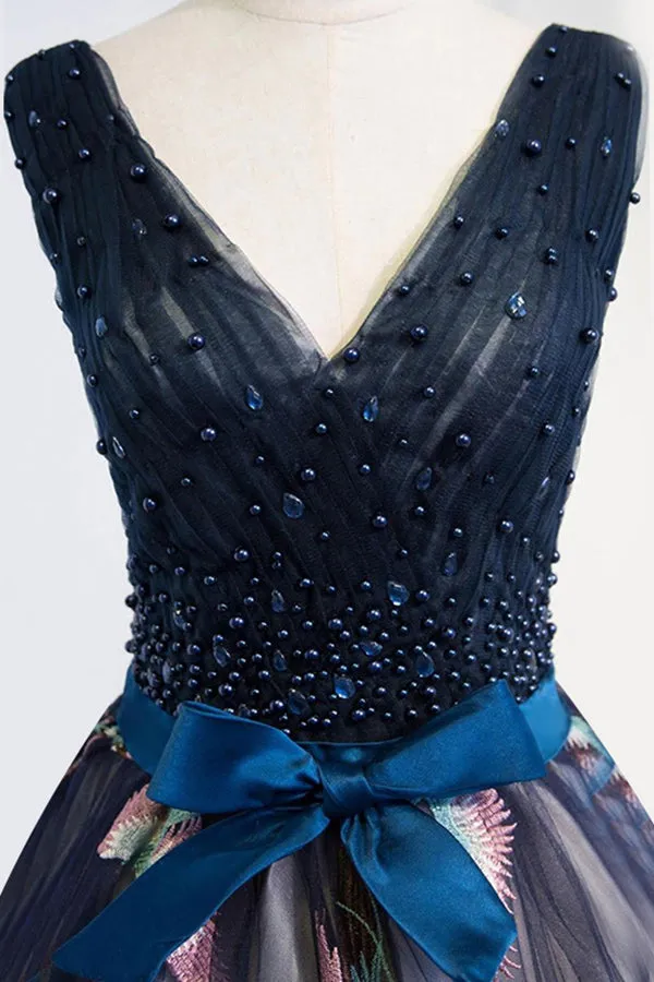 A-Line V-Neck Court Train Navy Blue Tulle Prom Dress with Appliques Beading Q45