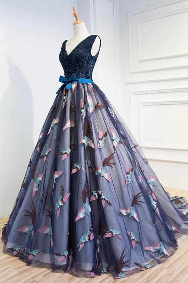 A-Line V-Neck Court Train Navy Blue Tulle Prom Dress with Appliques Beading Q45