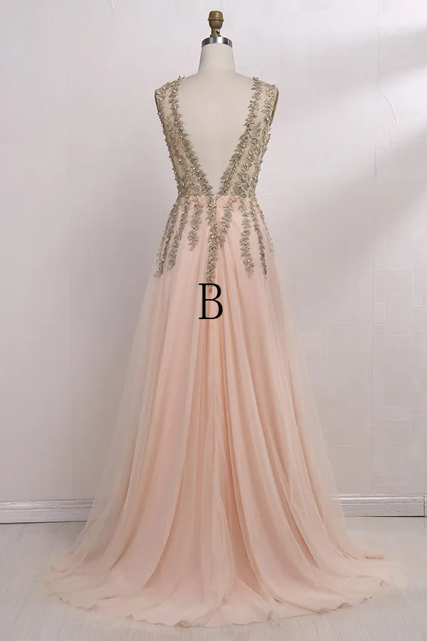 A-Line V-Neck Floor-Length Pink Tulle Prom Dress with Beading P61