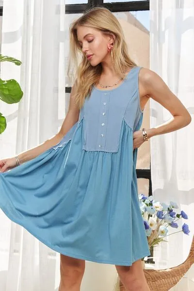ADORA Decorative Button Sleeveless Babydoll Dress