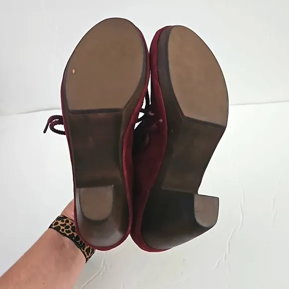 Anthropologie Latigo Cabo Women 9.5M Ruby Red Suede Lace Up Heels Shoes NEW