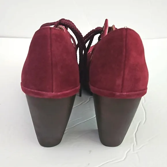 Anthropologie Latigo Cabo Women 9.5M Ruby Red Suede Lace Up Heels Shoes NEW