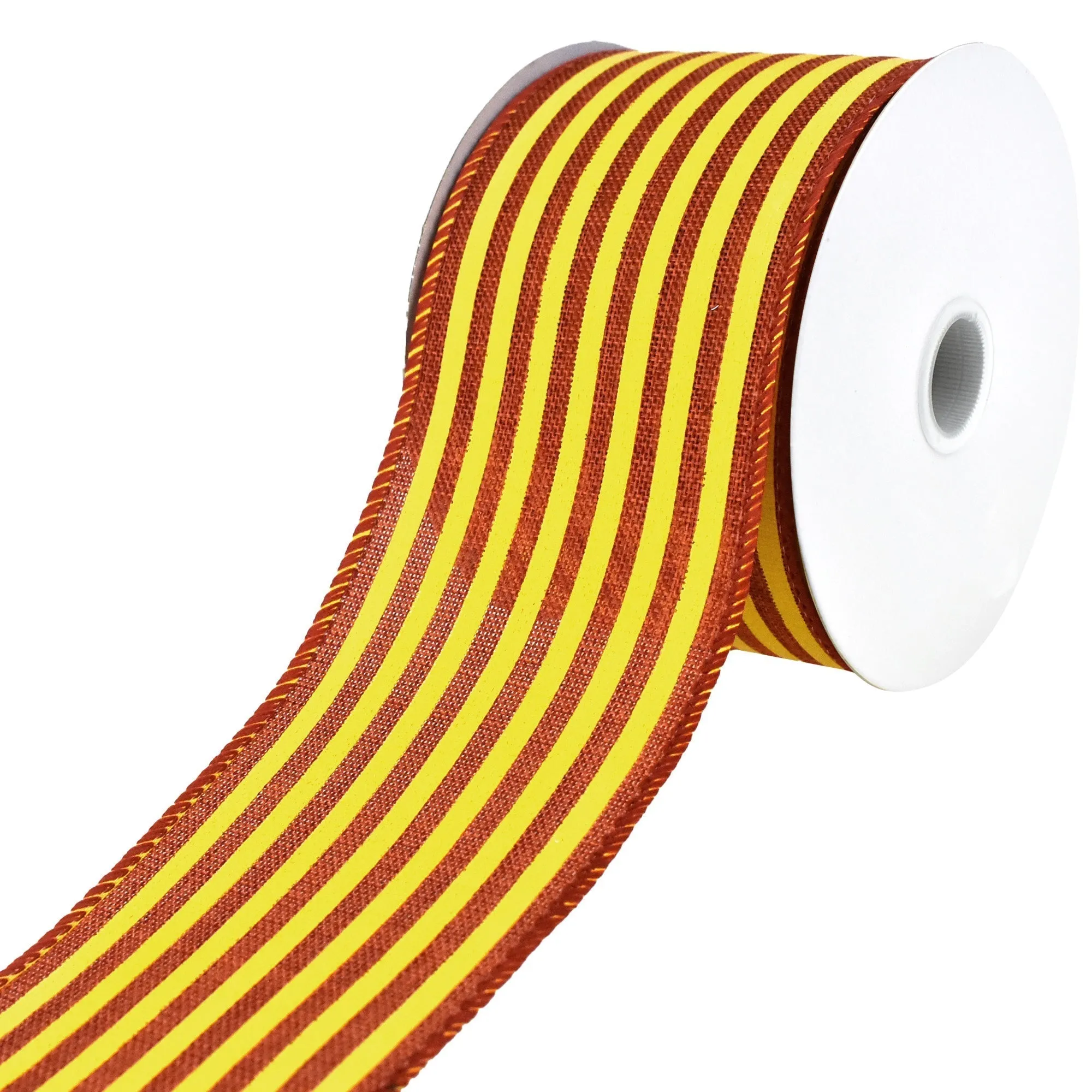 Autumn Cabana Stripes Faux Linen Wired Ribbon, 10-yard, Dark Orange/Yellow