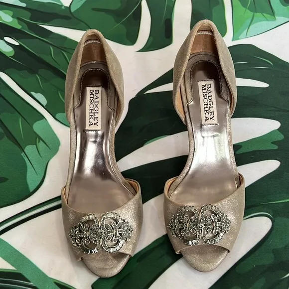 Bagley Mishka, silver suede heels with rhinestone front detail