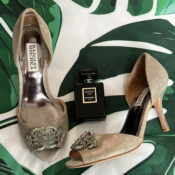 Bagley Mishka, silver suede heels with rhinestone front detail