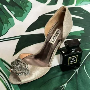 Bagley Mishka, silver suede heels with rhinestone front detail