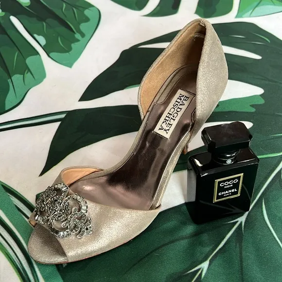 Bagley Mishka, silver suede heels with rhinestone front detail