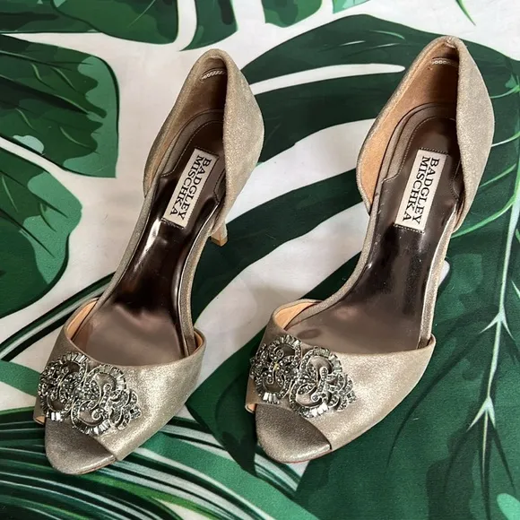 Bagley Mishka, silver suede heels with rhinestone front detail