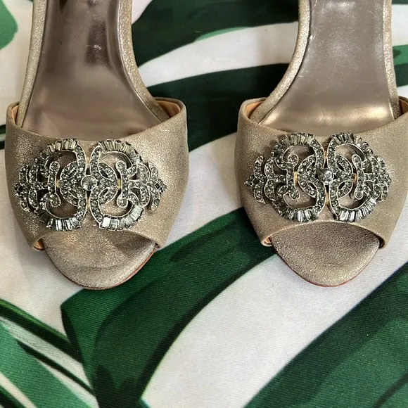Bagley Mishka, silver suede heels with rhinestone front detail