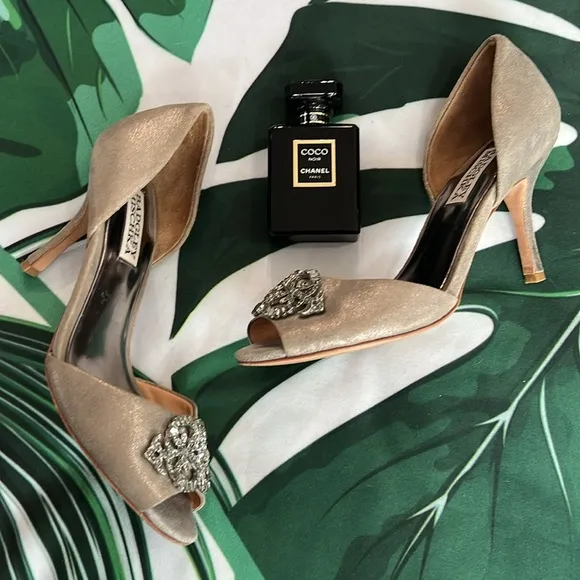 Bagley Mishka, silver suede heels with rhinestone front detail