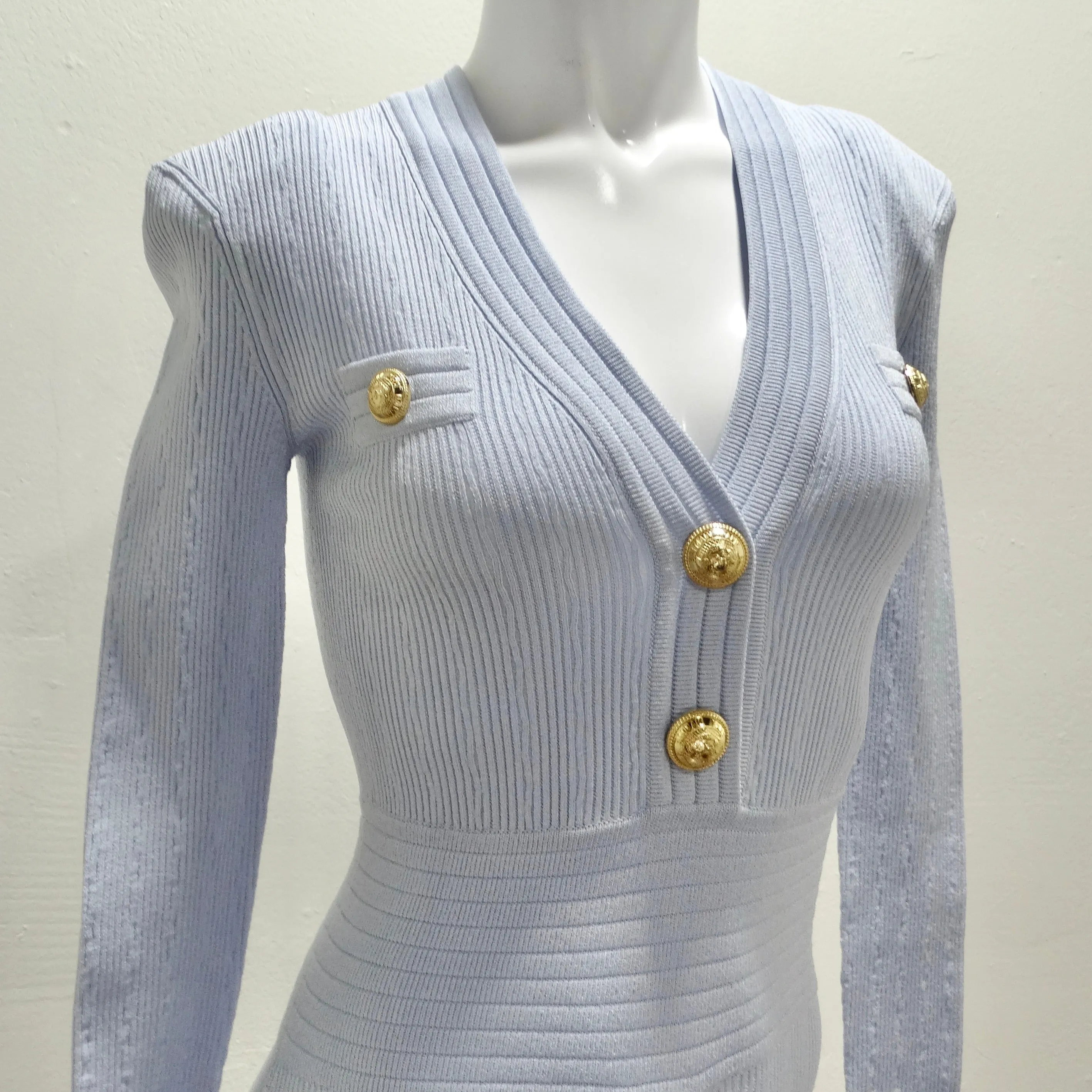 Balmain Baby Blue Rib Knit Mini Dress