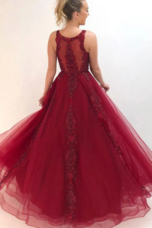 Beautiful A Line Round Neck Burgundy Appliques Prom Dresses OHC155
