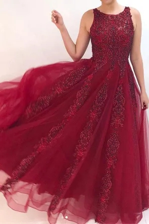 Beautiful A Line Round Neck Burgundy Appliques Prom Dresses OHC155