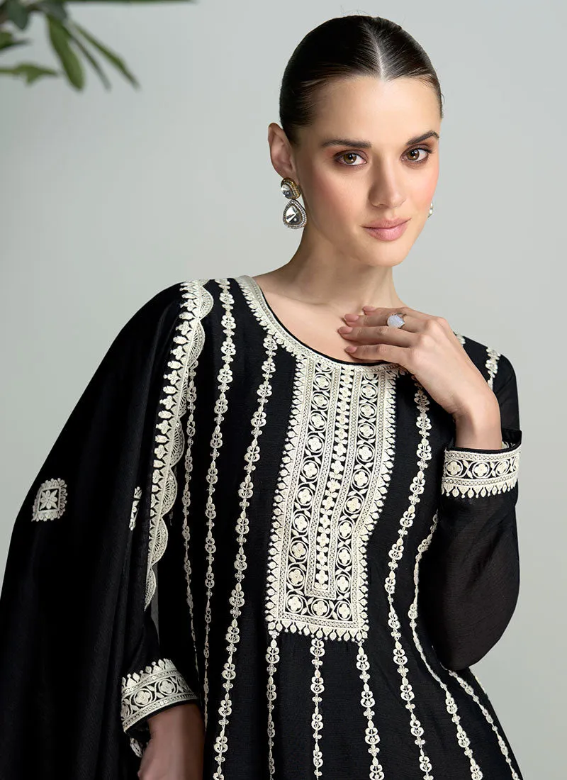 Black Thread Embroidery Traditional Anarkali Palazzo Suit