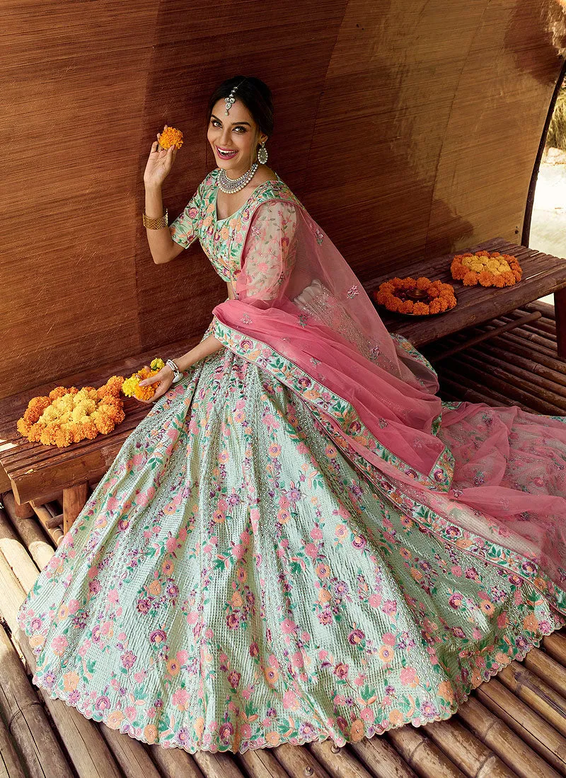 Blue And Pink Reshamkari Embroidered Wedding Lehenga Choli