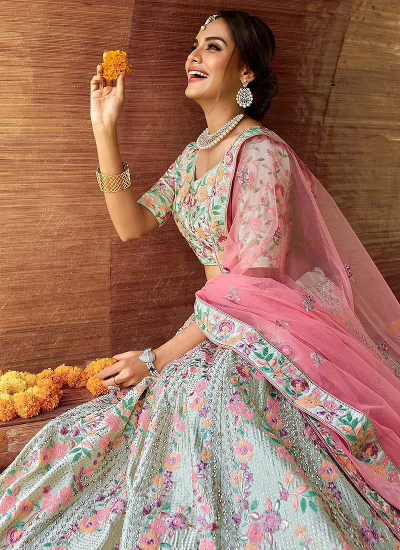 Blue And Pink Reshamkari Embroidered Wedding Lehenga Choli