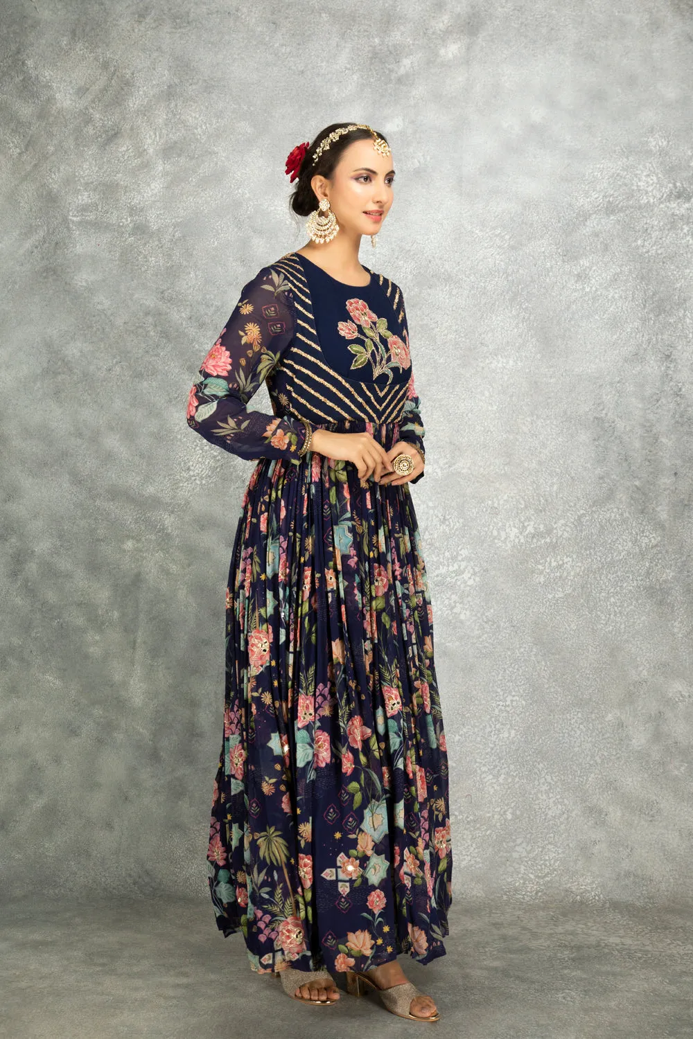 Blue Mirror Work Anarkali With Scalloping Dupatta Set Of 3