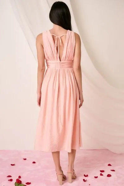 Blush Ruched V-Neck Sleeveless Midi Dress