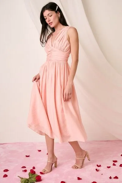 Blush Ruched V-Neck Sleeveless Midi Dress