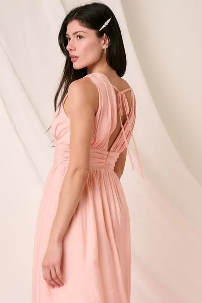 Blush Ruched V-Neck Sleeveless Midi Dress