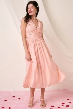Blush Ruched V-Neck Sleeveless Midi Dress