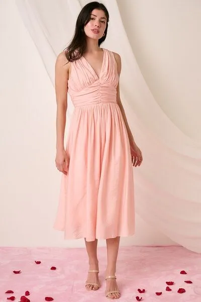 Blush Ruched V-Neck Sleeveless Midi Dress