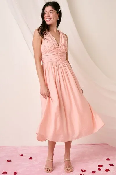 Blush Ruched V-Neck Sleeveless Midi Dress