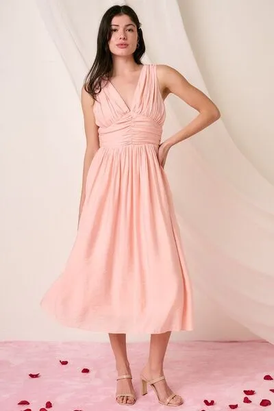 Blush Ruched V-Neck Sleeveless Midi Dress