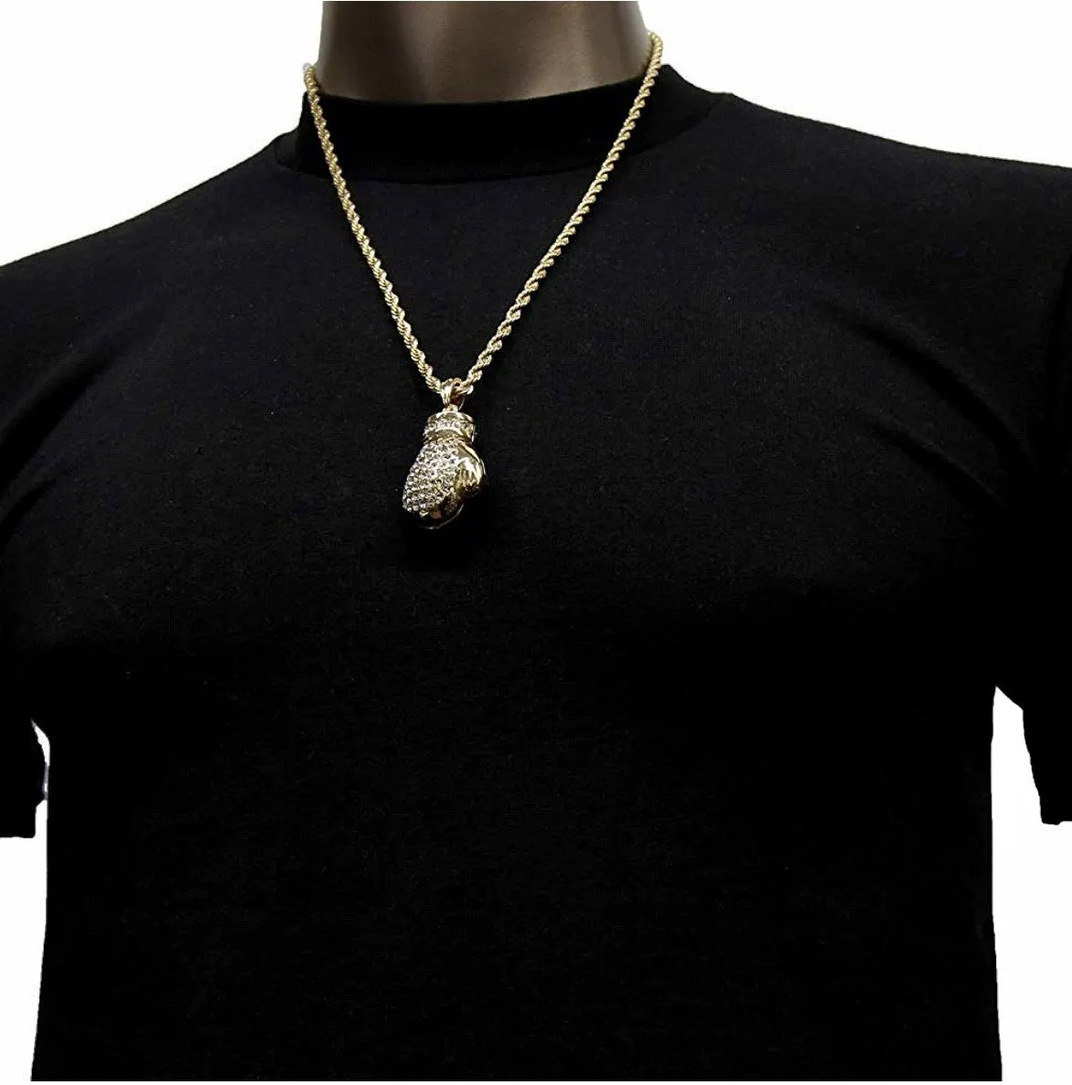 Boxing Gloves Iced Pendant Gold Finish Necklace 36 Inch Long Hip Hop Chain