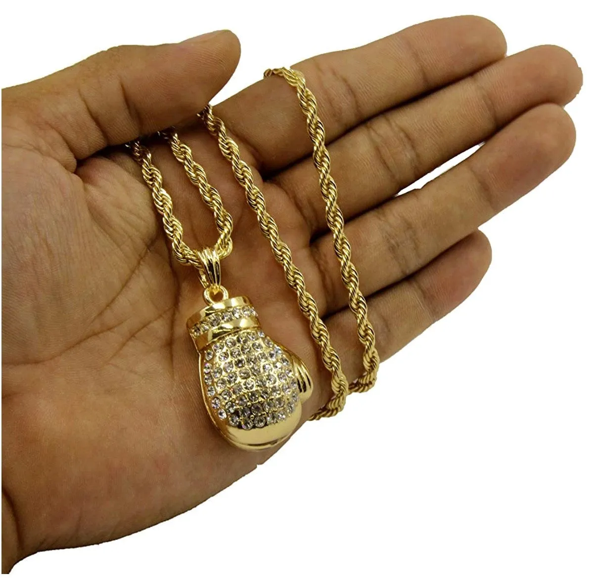 Boxing Gloves Iced Pendant Gold Finish Necklace 36 Inch Long Hip Hop Chain